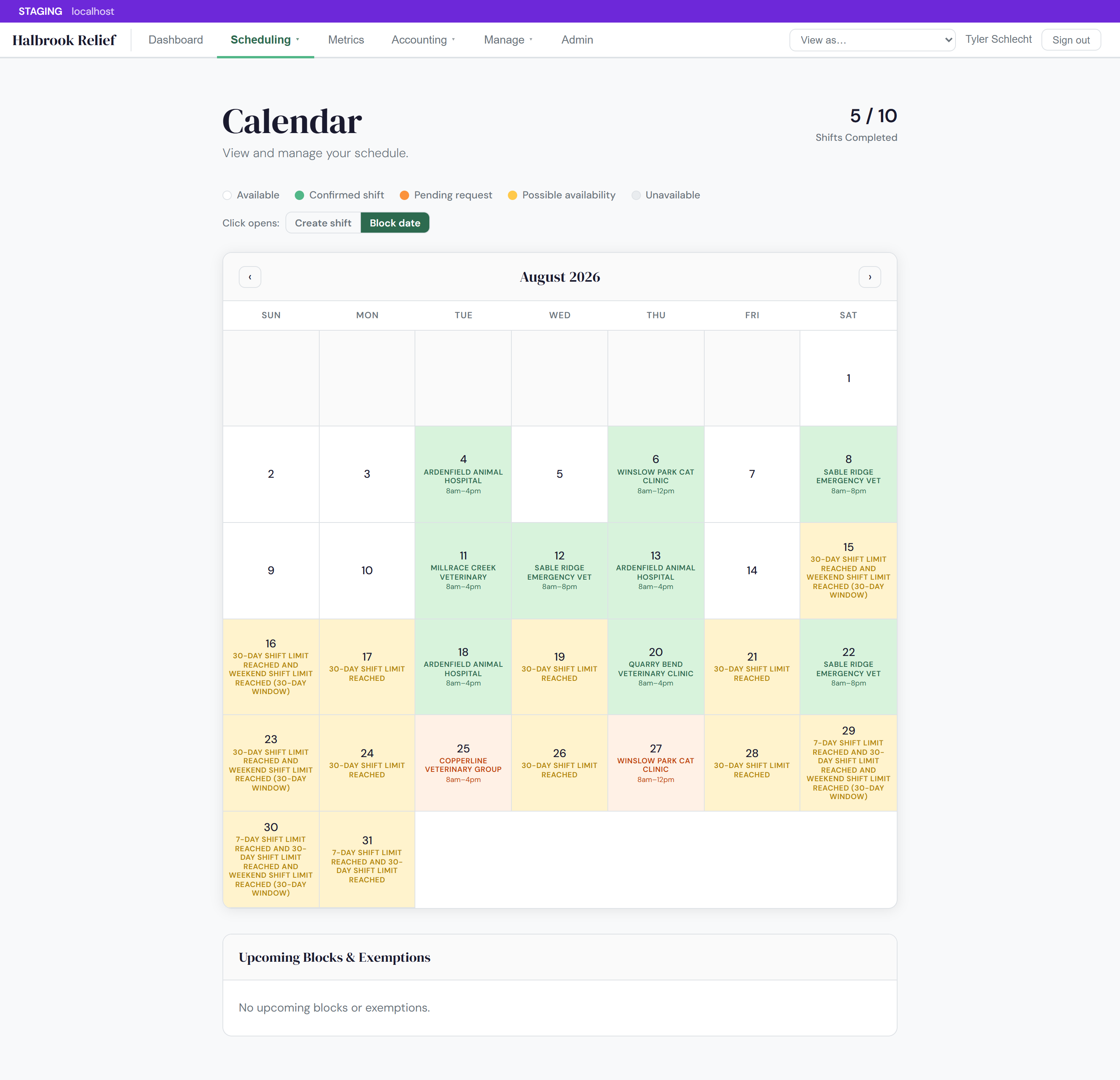 Roost month calendar showing confirmed, pending, possible, and available days