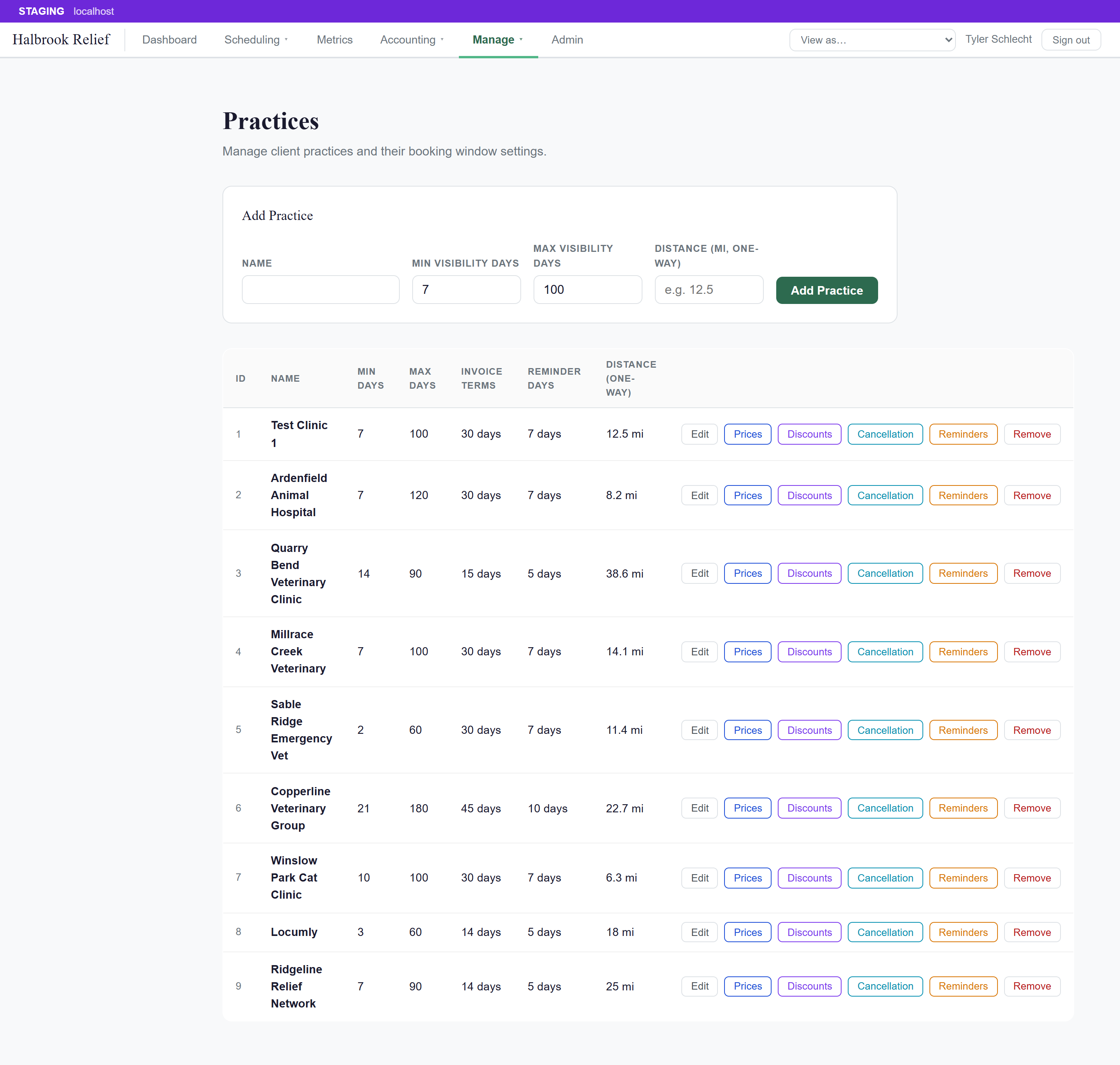 Roost practices register listing each clinic with its visibility windows, terms, and reminders